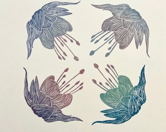 May include: Four stylized floral prints in a square arrangement. The prints are in shades of blue, green, and purple.