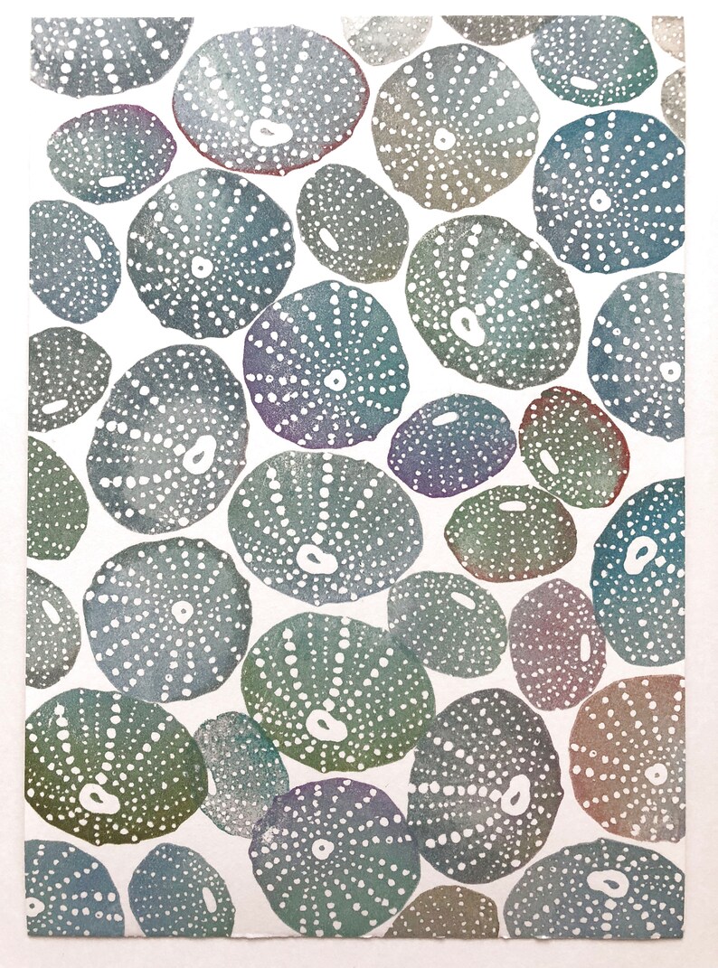 May include: Watercolor painting of a pattern of sea urchins in shades of blue, green, and purple on a white background.