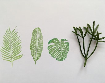 Palm leaves tropical set of 3 hand carved rubber stamp MEDIUM botanical stamp, tropical, monstera leaf