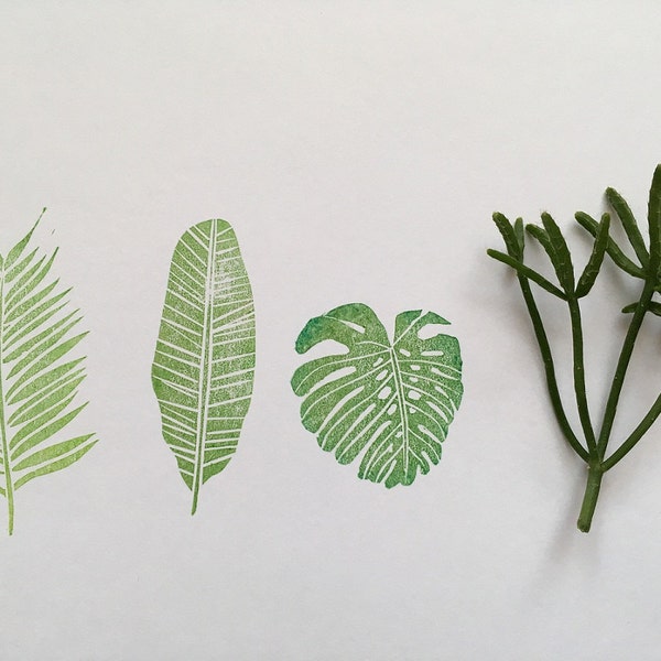 Juego tropical de hojas de palma de 3 sellos de caucho tallados a mano MEDIO sello botánico, tropical, hoja de monstera