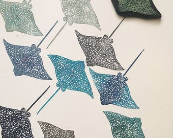 Spotted eagle ray rubber stamp, raja narinari, hand carved animal stamp, fish print, eagle ray art, wildlife art print, diy poster