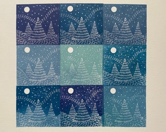 May include: A blue and white patterned print of nine squares with a moon and stylized trees in each square.