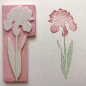Iris Blume handgeschnitzter Stempel, botanische Kunst Druck, Gummi handgemachte Stempel, Blumenstempel, montessori Blumenkunst, Botanik Kunst, Scrapbooking