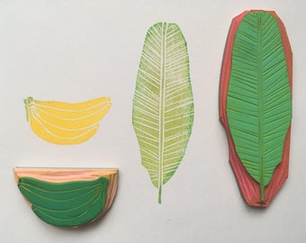 Banana fruit + leaf hand carved rubber stamp/ palm leaf stamp palm leaf print