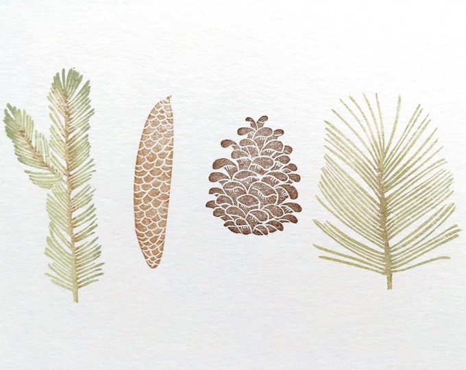White Pine and Spruce Twig Leaf Hand Carved Stamp, Pine Cone Rubber ...
