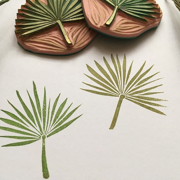 California fan palm leaf set, hand carved rubber stamp, Desert fan palm art, Boho Desert Stamp for Weeding invitations, Tropical vibes decor