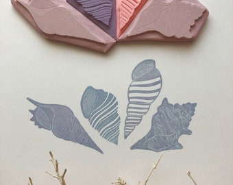 Seashell hand carved rubber stamp / seashells ocean stamp set of 4