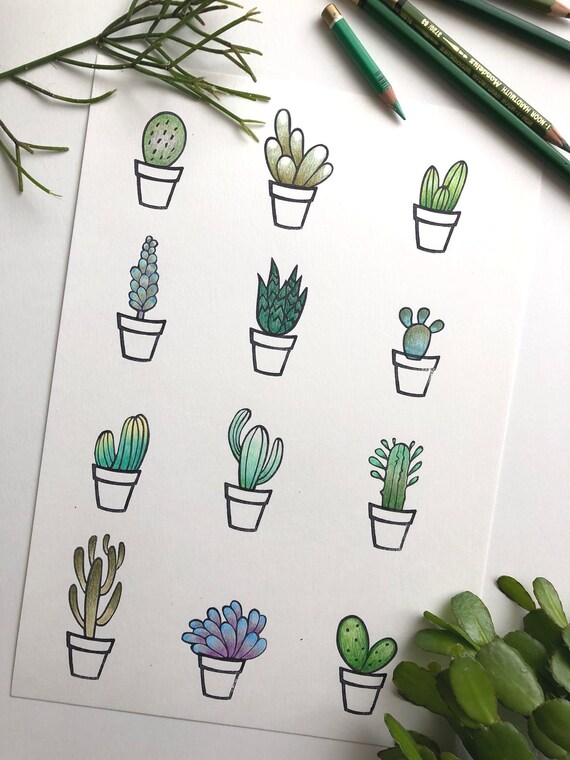cactus mini stamp set succulent plant print botanic cactus rubber stamp set of 12 cactus botanical print stamp cacti stamp