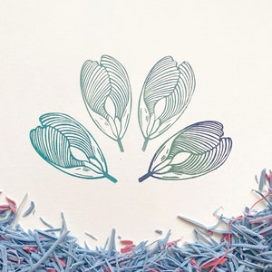 Esdoorn fruit rubberstempel, samara, esdoornblad, botanische kunstdruk, acer platanoides, Noorse esdoornkunst