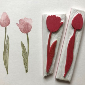 Timbro intagliato a mano con fiore di tulipano, stampa artistica botanica, timbro in gomma fatto a mano, timbro floreale, arte floreale montessori