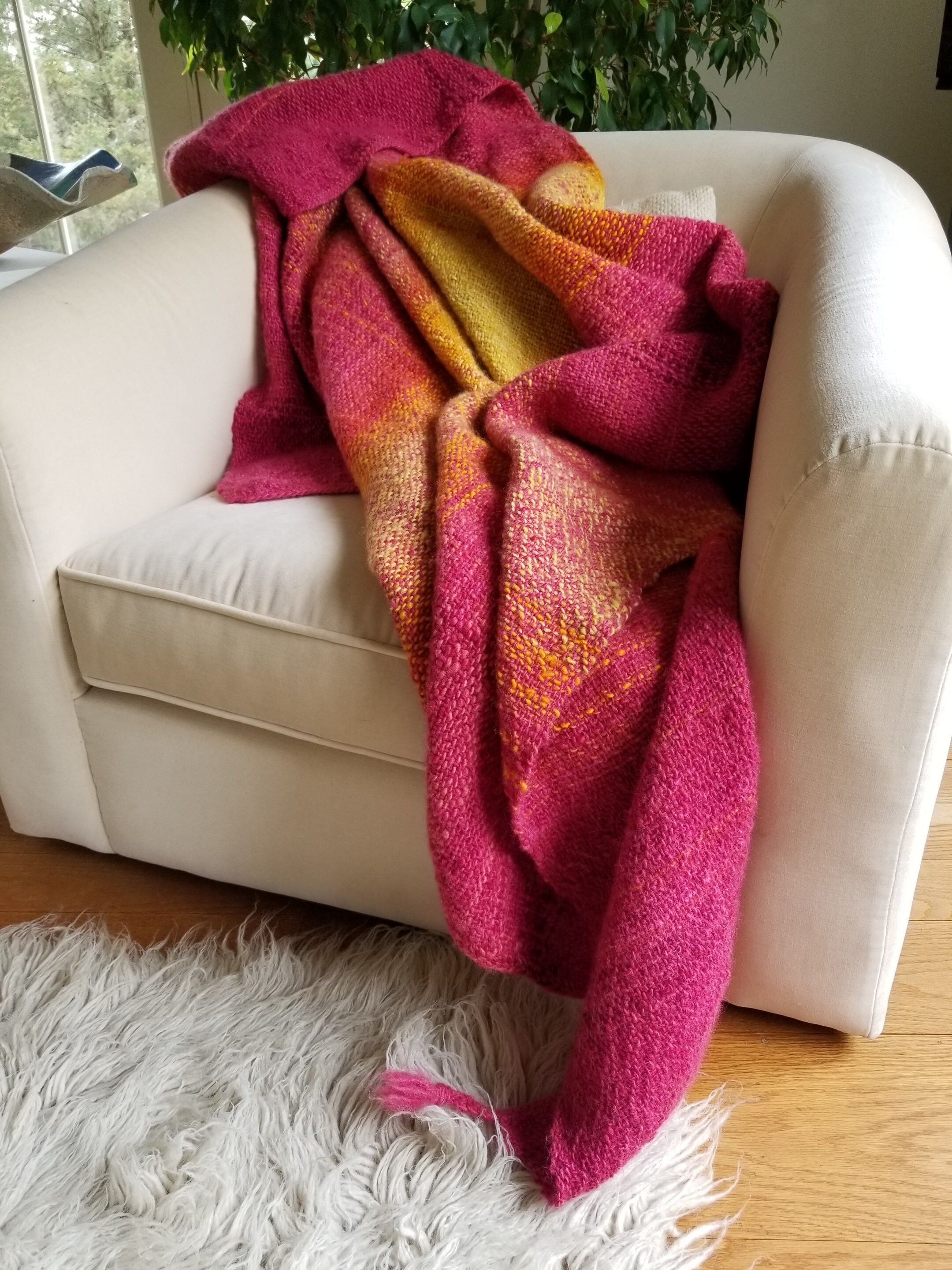 Fiber Art Artisan Handwoven Pink and Yellow Wool Lap Blanket Etsy