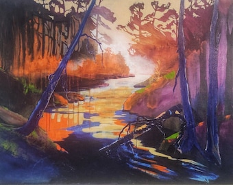 Abstracted River, Orange Blue River, Acrylic Painting, Artwork, River, Original Art