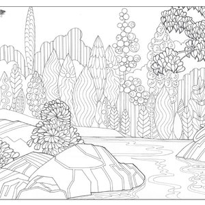 May include: A black and white line drawing of a forest scene with a river winding through it. The trees are stylized and have intricate details. The river is flowing and has a rippling effect. The scene is peaceful and serene.