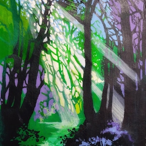 Forest Sunbeam Painting, Acrylic Painting, Artwork, Sun, Forest, Kenora, Original Art