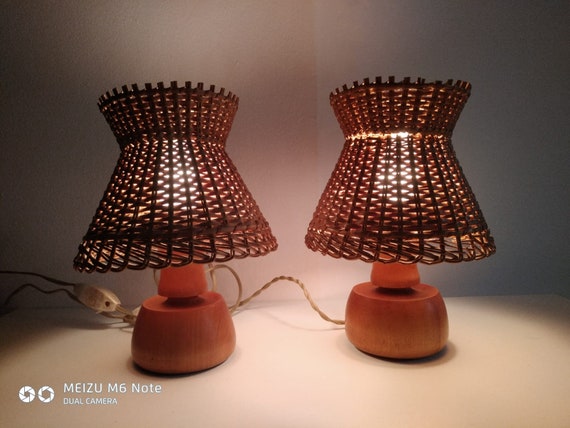 Vintage Pair Of Small Table Lamps From Wood And Straw Etsy