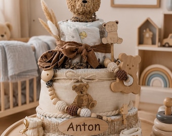 Personalized diaper cake "Bear" - muslin - neutral - 46 diapers - baby shower gift -