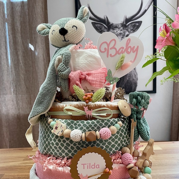 Windeltorte Reh - mint -  Waldtiere - 46 Windeln - Geschenk zur Geburt - Babyparty