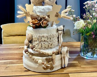 TWINS - personalized diaper cake "Bear" - muslin - neutral - 46 diapers - birth gift