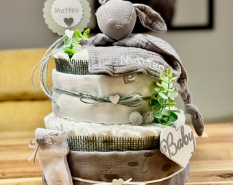 Windeltorte Wildtiere - Hase  - 40 Windeln - neutral - Geschenk zur Geburt