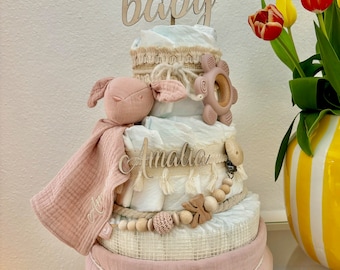 Windeltorte Hase | Geschenk zur Geburt Mädchen | Babygeschenk | Babyparty Geschenk | handgemacht | rosa Baby Geschenk | personalisierbar