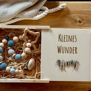 personalisiertes Geschenkset in Natur Holzbox -  inklusive Karte aus Büttenpapier - Geschenk zur Geburt - Taufe - Geburtstag - Motiv Katze