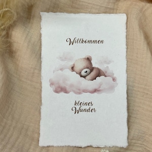 Geschenk Karte zur Geburt - Willkommen kleines Wunder  - Motiv Teddy Wolke - Büttenpapier - Umschlag -