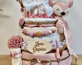Windeltorte Reh | Geschenk zur Geburt Mädchen  | Babygeschenk | Babyparty Geschenk | handgemacht | rosa Baby Geschenk | 46 Windeln