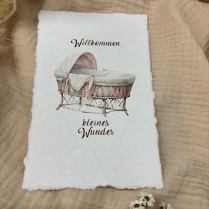 Geschenk Karte zur Geburt - Willkommen kleines Wunder - Motiv Wiege - Büttenpapier - Umschlag -