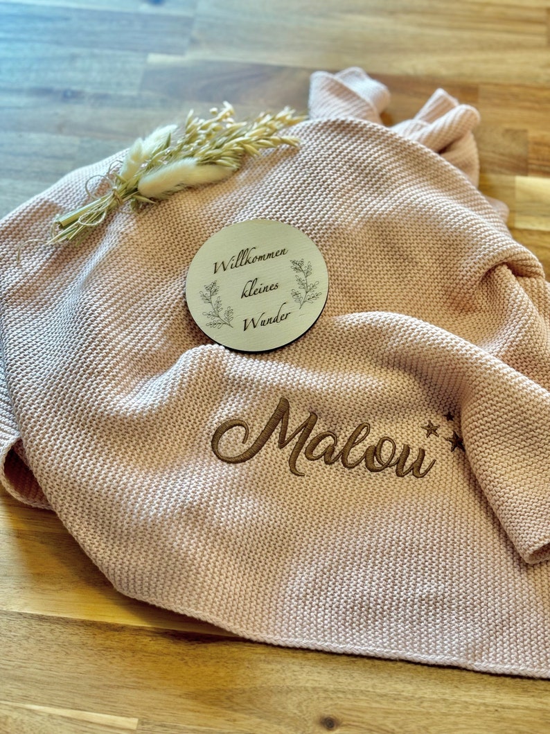 Baby blanket knitted blanket including milestone pink with name personalized gift for birth welcome milestone included image 6