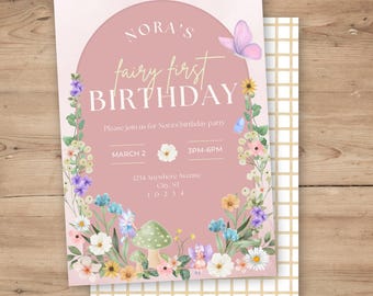 May include: A pink invitation for Nora's fairy first birthday party. The invitation features floral and butterfly illustrations, with the text "Nora's fairy first BIRTHDAY". The date and time are also included.