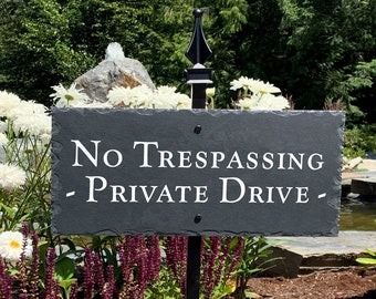No Trespassing Slate Plaque Sign with Powder Coated Metal Lawn Stake (Premium Quality)