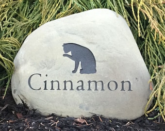 Cat Memorial Stone, 7-10” wide River Rock Custom Engraved Headstone Grave Marker, Pet Remembrance with Optional Cremation Niche & Container