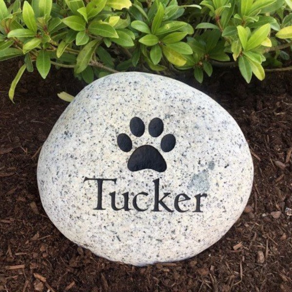 Pet Memorial Stone, w/ optional Cremation Niche & Ashes Container, 7-10” River Rock Custom Headstone, Pet Paw Print Memorial Marker