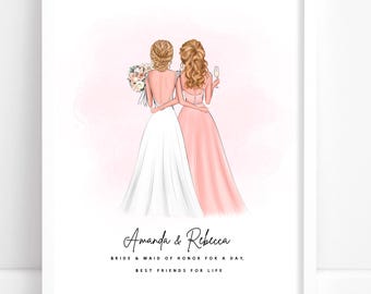 Bride and Maid of Honor Drawing, bridesmaid painting, maid of honor illustration, Wedding Favor Personalized, maid of honor picture DIGITAL