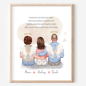 May include: A digital illustration of three people with angel wings, embracing each other. The text reads "Those we love don't go away, they walk beside us every day, unseen unheard, but always near, still loved still missed and very dear." The names "Mom", "Haley", and "Dad" are written below the figures.