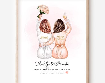 Personalized Bride and Maid of Honor Print, Custom Wedding Gift (Digital Print)