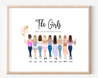 May include: A framed print with a white background and the text "The Girls" in black. The print features a group of eight women standing together, with balloons and a glass of champagne. The women are wearing casual clothing and smiling. The text "BFF, 25th Birthday, 2022" is below the title. The names of the women are listed below the image.