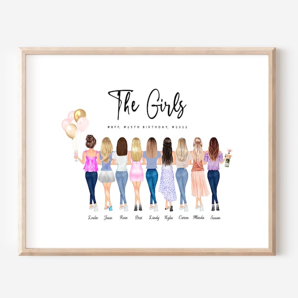 Group of friends Print, Group Friendship Print, Christmas Best Friend Gift, Friends Illustration, Personalized Gift for Her, DIGITAL PRINT