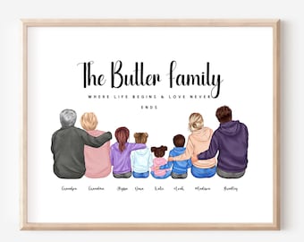 Retrato familiar personalizado, impresión personalizada de abuelos, regalo para abuela, abuelo, niñera, regalo de cumpleaños de nietos, nuevo hogar DIGITAL