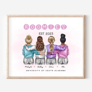 4 Roomies Gepersonaliseerde Print, Vier Roommates Cadeau Idee, Roommates Illustratie, College Dorm Decor, 4 Roomie Tekening, DIGITAAL