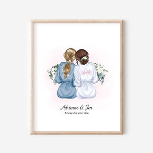 Dessin de la mariée et de la demoiselle d'honneur, serez-vous mon MOH, cadeau personnalisé de demoiselle d'honneur, cadeau de mariage personnalisé impression d'art de mariage numérique