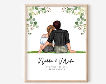 Stampa di coppia personalizzata, regalo di San Valentino, poster di coppia con cane, regalo di anniversario, regalo di relazione d'amore, disegno di nuova famiglia, DIGITALE