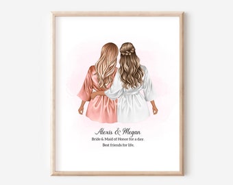 Bride and Maid of honor Print, bridesmaid painting, maid of honor drawing, Wedding Favor Personalized, maid of honor picture DIGITAL