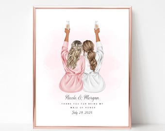 Dibujo de novia y dama de honor, pintura de dama de honor, ilustración de dama de honor, recuerdo de boda personalizado, imagen de dama de honor DIGITAL