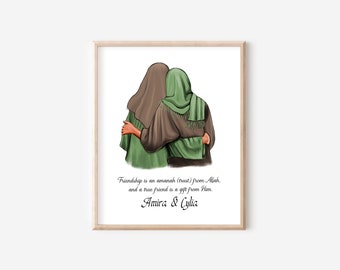 Personalized Muslim Best Friends Portrait Print, Muslim Soul Sisters Gift, Gift for Mom, Muslim Girls Gift, Hijab Sisters Gift, DIGITAL