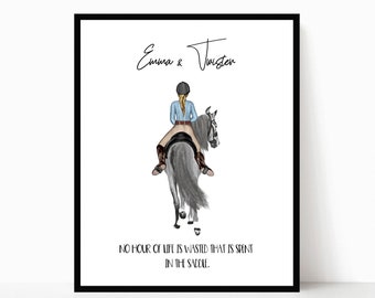 May include: A watercolor illustration of a girl riding a horse. The girl is wearing a blue shirt, brown pants, and a riding helmet. The horse is gray and white. The text "Emma & Tuisten" is at the top of the image. The text "NO HOUR OF LIFE IS WASTED THAT IS SPENT IN THE SADDLE." is at the bottom of the image.