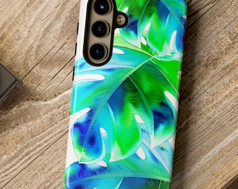 Funda para teléfono con estampado de hojas de monstera en acuarela, funda para Samsung Galaxy, colores vibrantes, bonito diseño floral, funda protectora