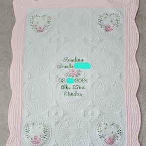 Personalized Quilt with Roses and Birth Stats for Baby Girl, Baby Shower Gift, Embroidered Keepsake Baby Blanket, Custom Baby Shower Present