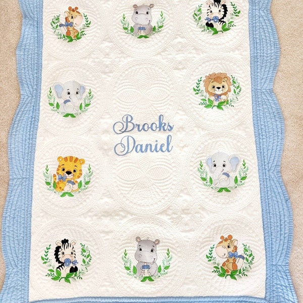 Personalized Baby Jungle Animal Quilt for Baby Boy, Baby Shower Gift, Embroidered Keepsake Baby Blanket, Custom Baby Shower Present