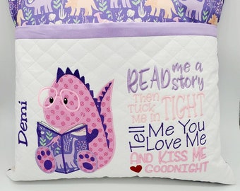Girl dinosaur pocket pillow, Girls's personalized reading pillow, Dinosaur Pillow, Book Pillow For Child, Dinosaur Decor, Dino Pocket Pillow